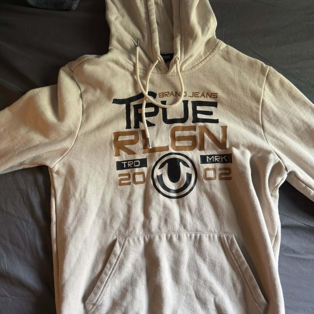 True Religion Brand Jeans Logo Pullover Hoodie Cream Men's Size S